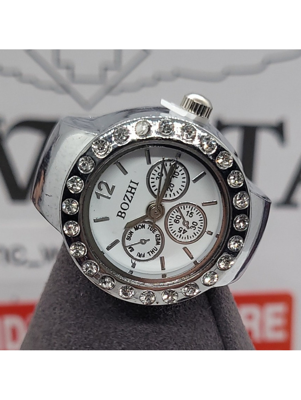 366 BOZHI Silver Tone Adjustable Watch Ring Round Rhinestone White Cocktail